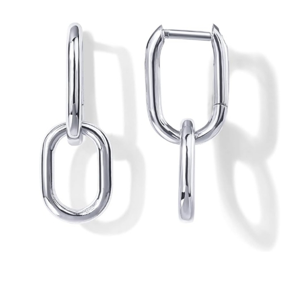 14K White Gold Plated Huggie Chain Link Drop Dangle Hoop Earrings